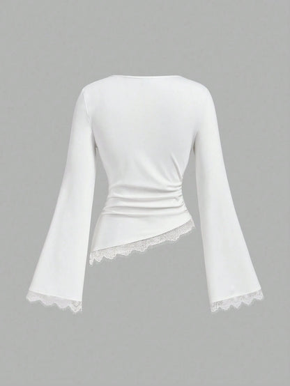 MOD Women's White Long Bell Sleeve Blouse With Asymmetrical Hem And Lace Accents,Tops With Sleeves