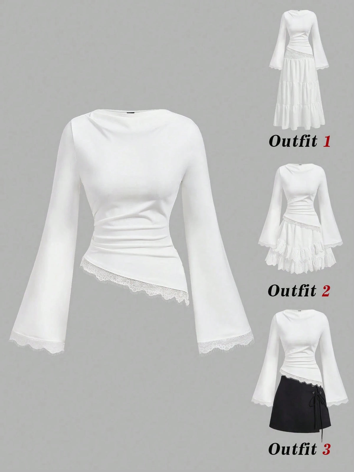 MOD Women's White Long Bell Sleeve Blouse With Asymmetrical Hem And Lace Accents,Tops With Sleeves
