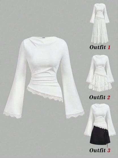MOD Women's White Long Bell Sleeve Blouse With Asymmetrical Hem And Lace Accents,Tops With Sleeves