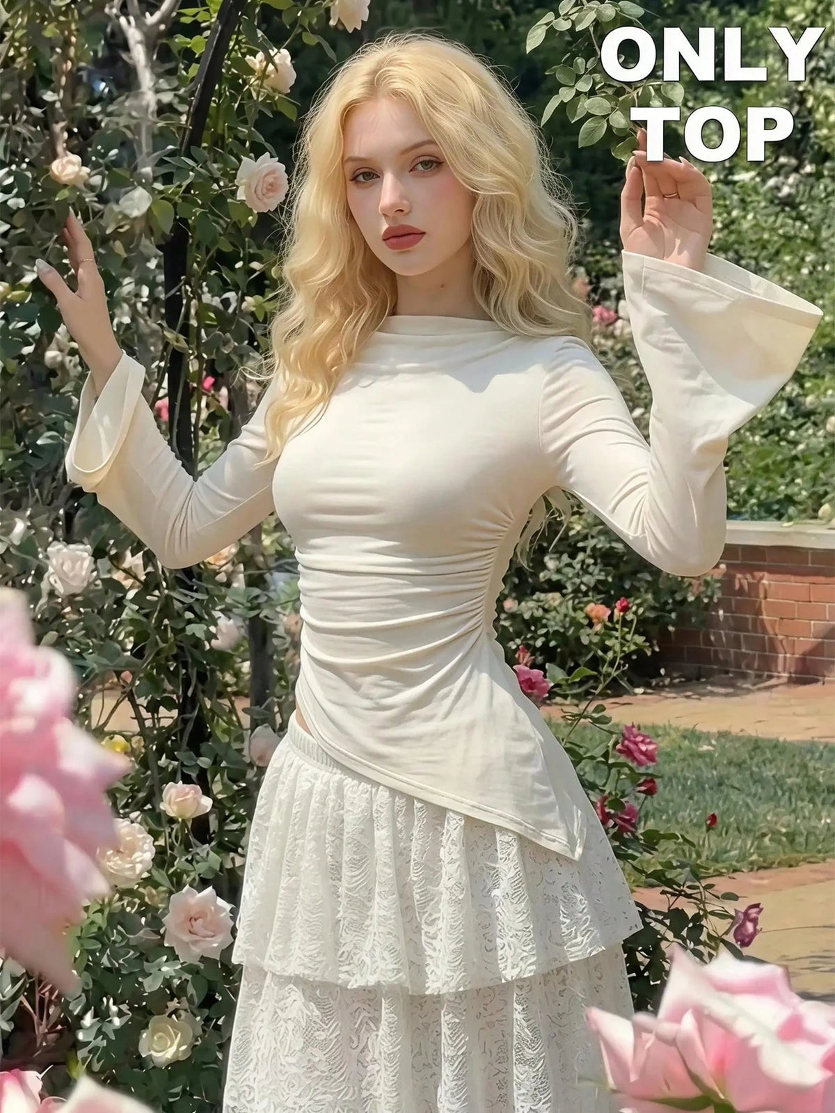 MOD Women's White Long Bell Sleeve Blouse With Asymmetrical Hem And Lace Accents,Tops With Sleeves