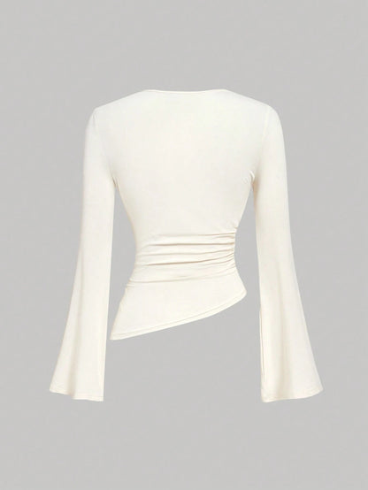 MOD Women's White Long Bell Sleeve Blouse With Asymmetrical Hem And Lace Accents,Tops With Sleeves