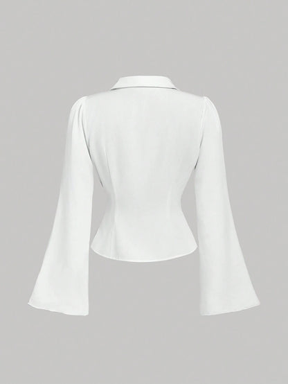 MOD Women V-Neck Ruffle Flared Sleeve Blouse, Waist Cinched,Black Long Sleeve Shirt,Witchy Clothes,Button Down Blouse,Concert Women,Clothes,Airport Women