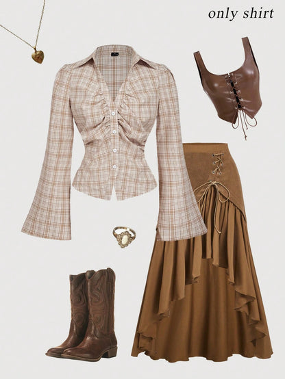 MOD Women V-Neck Ruffle Flared Sleeve Blouse, Waist Cinched,Black Long Sleeve Shirt,Witchy Clothes,Button Down Blouse,Concert Women,Clothes,Airport Women