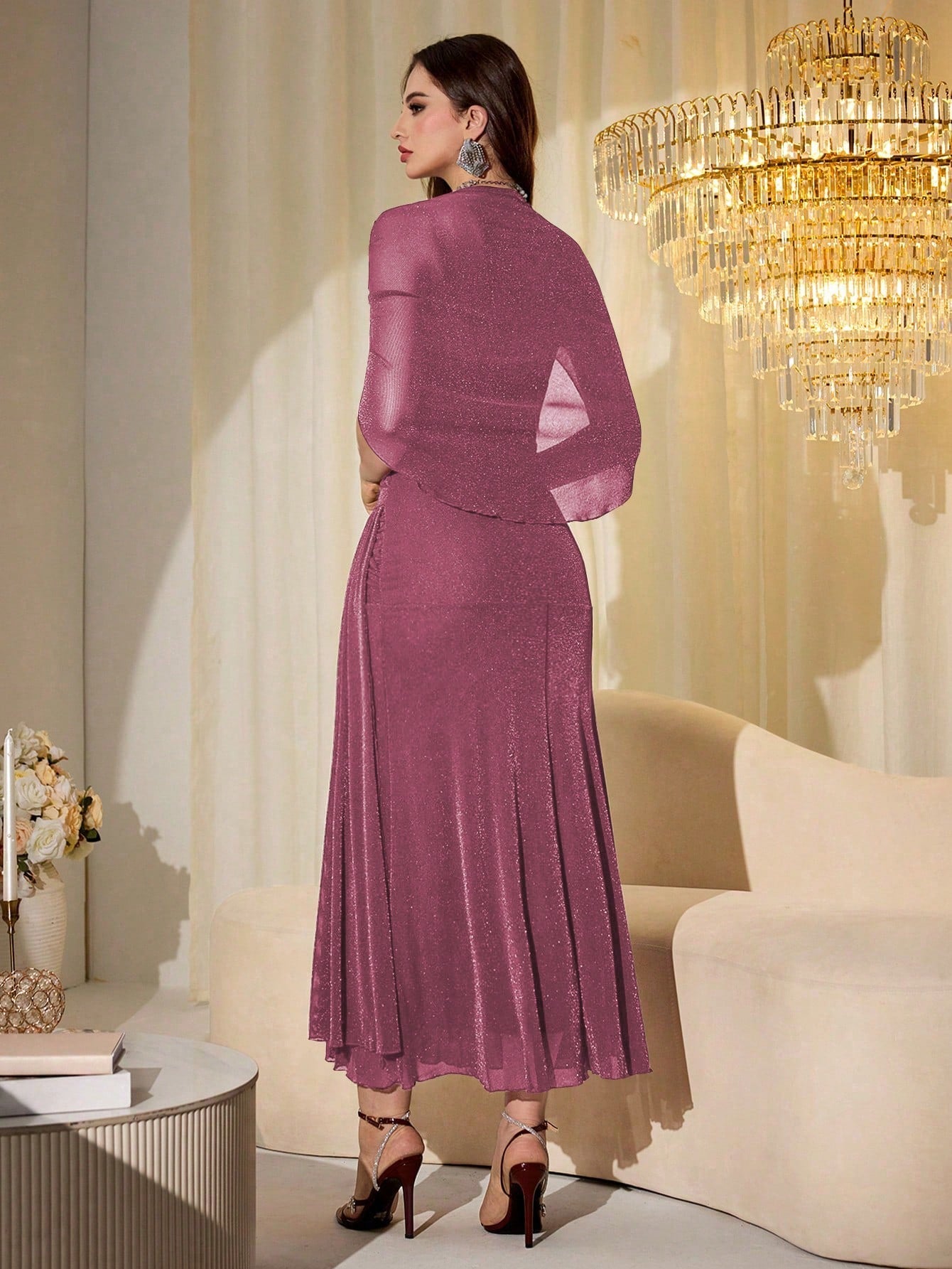Modelyn Elegant Mesh Shiny Strapless Shawl Sleeve Fitted Long Dress For Women, Spring & Autumn