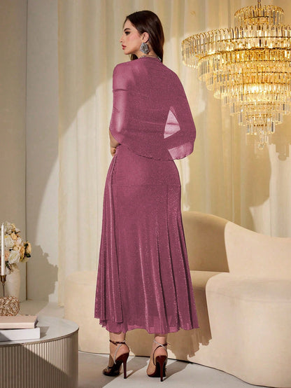 Modelyn Elegant Mesh Shiny Strapless Shawl Sleeve Fitted Long Dress For Women, Spring & Autumn