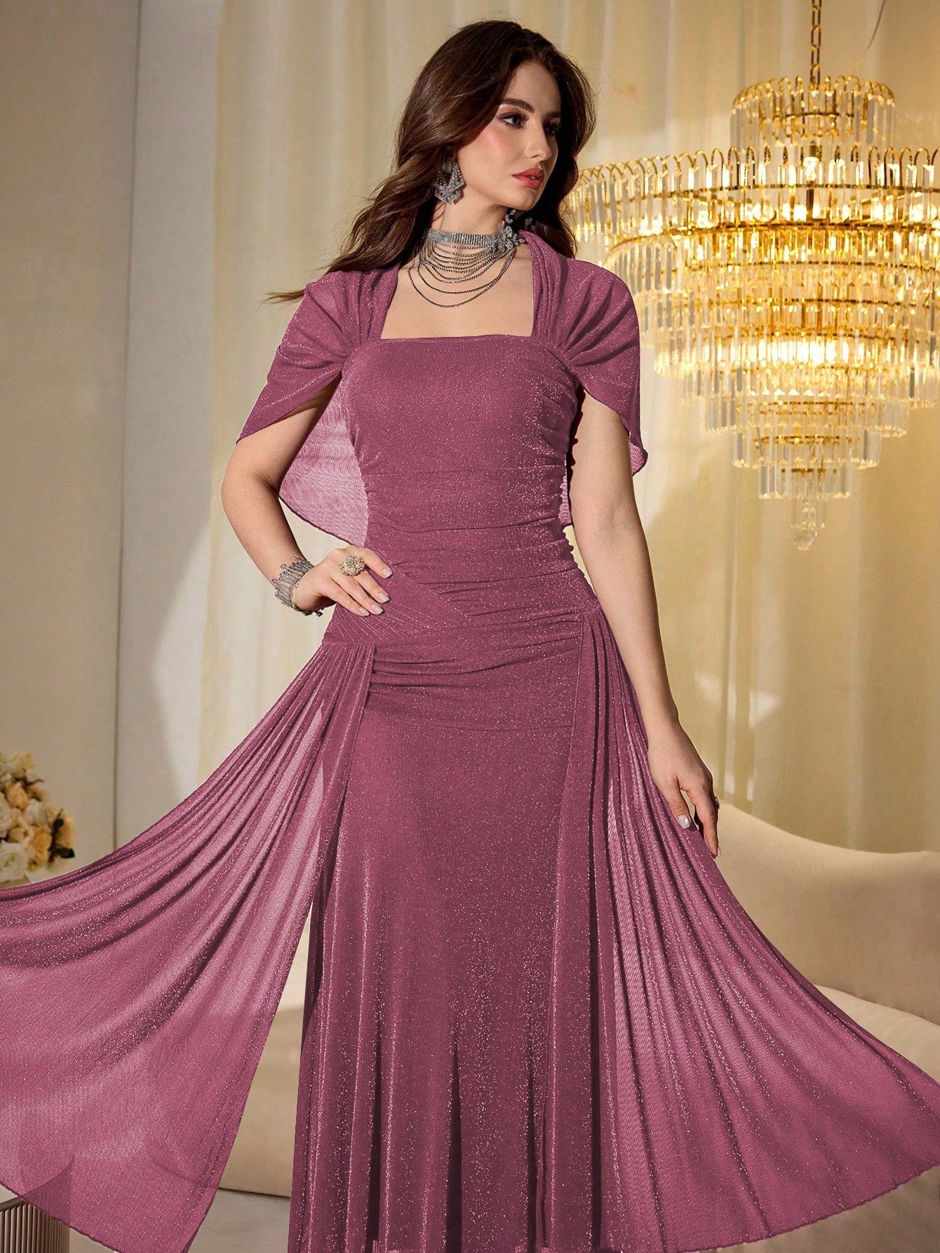 Modelyn Elegant Mesh Shiny Strapless Shawl Sleeve Fitted Long Dress For Women, Spring & Autumn