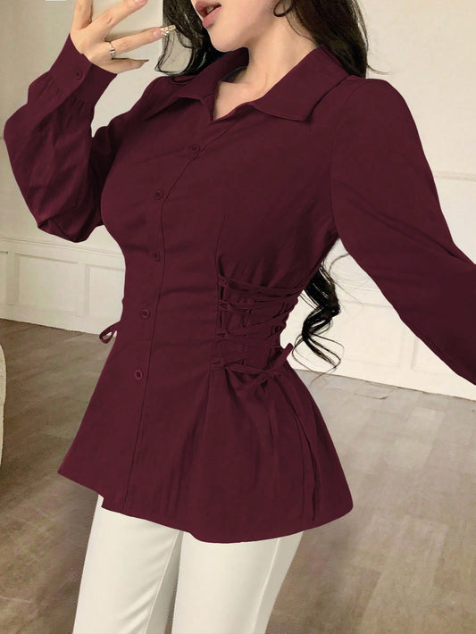Modelyn Women's Solid Color Cinched Waist Tie Collar Long Sleeve Drawstring Blouse