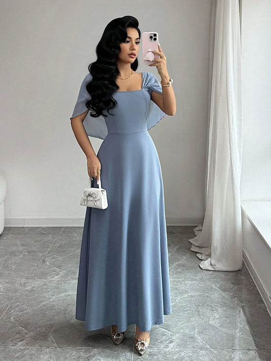Modelyn Women's Square Neck Waist Gathered A-Line Long Dress, Elegant Romantic Everyday Wear