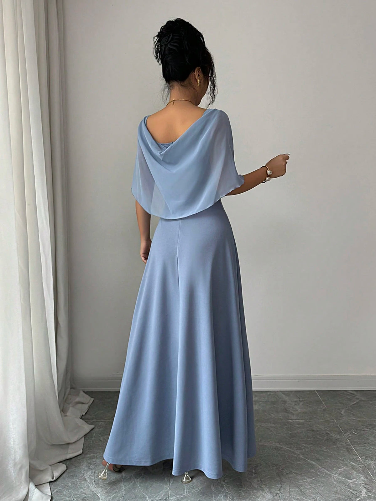 Modelyn Women's Square Neck Waist Gathered A-Line Long Dress, Elegant Romantic Everyday Wear