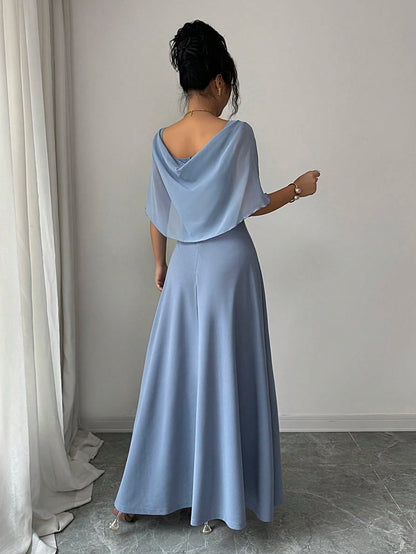 Modelyn Women's Square Neck Waist Gathered A-Line Long Dress, Elegant Romantic Everyday Wear