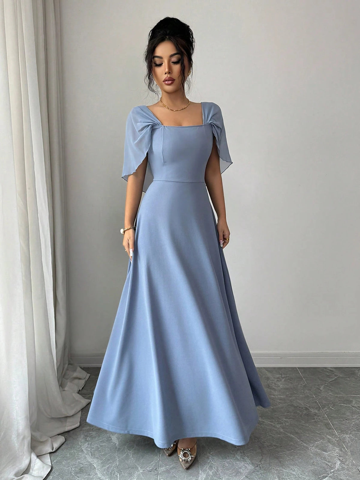 Modelyn Women's Square Neck Waist Gathered A-Line Long Dress, Elegant Romantic Everyday Wear