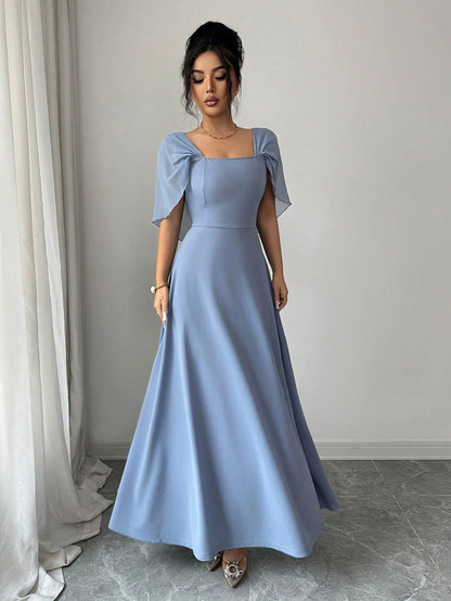 Modelyn Women's Square Neck Waist Gathered A-Line Long Dress, Elegant Romantic Everyday Wear