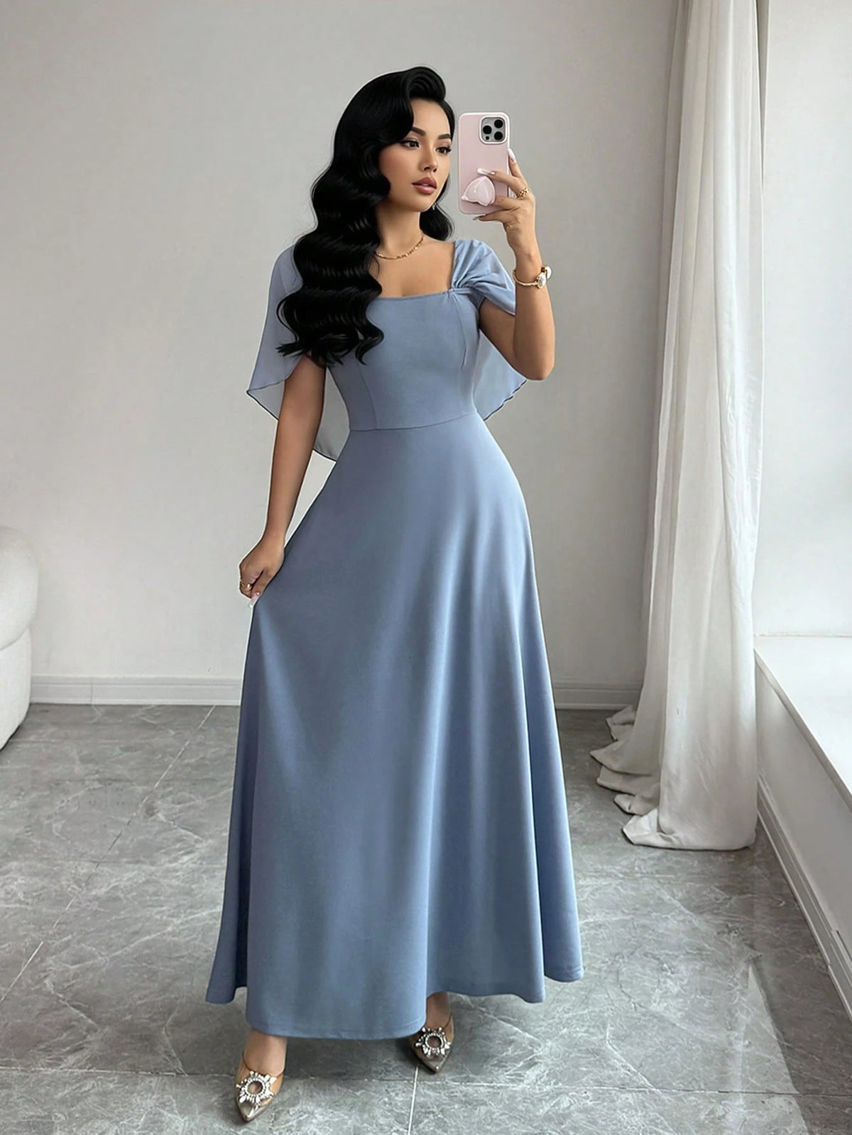 Modelyn Women's Square Neck Waist Gathered A-Line Long Dress, Elegant Romantic Everyday Wear