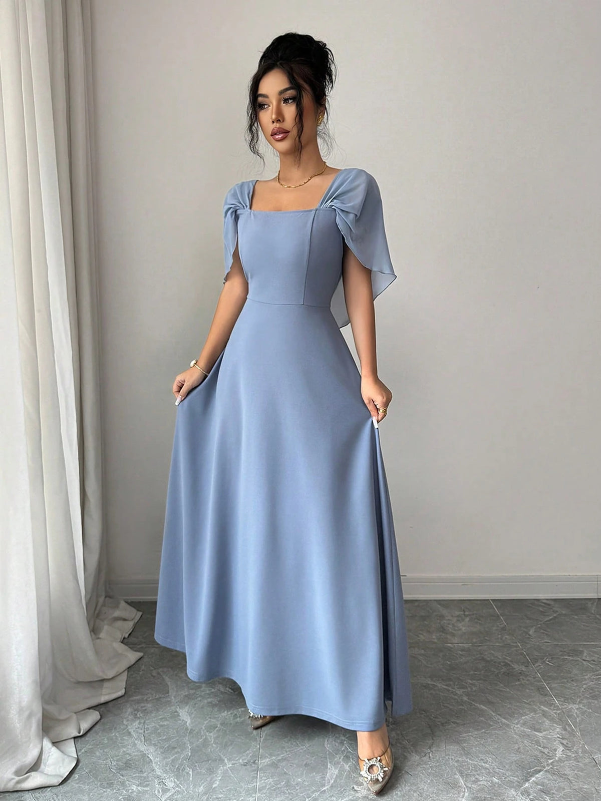 Modelyn Women's Square Neck Waist Gathered A-Line Long Dress, Elegant Romantic Everyday Wear