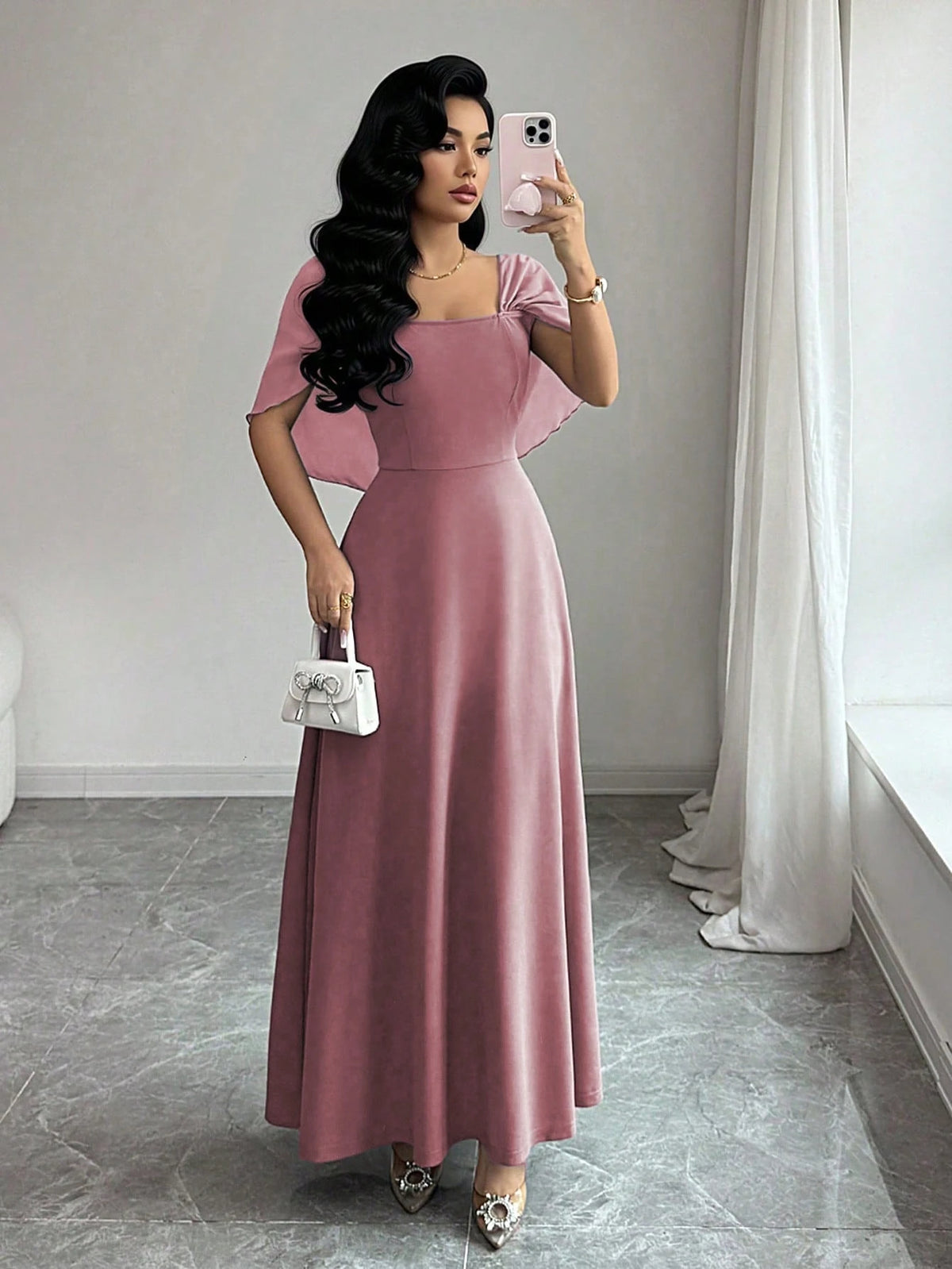 Modelyn Women's Square Neck Waist Gathered A-Line Long Dress, Elegant Romantic Everyday Wear
