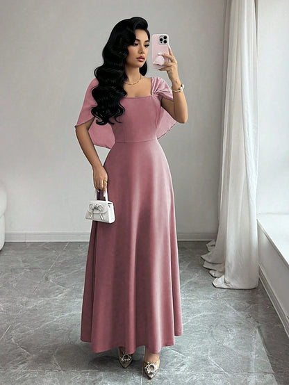 Modelyn Women's Square Neck Waist Gathered A-Line Long Dress, Elegant Romantic Everyday Wear