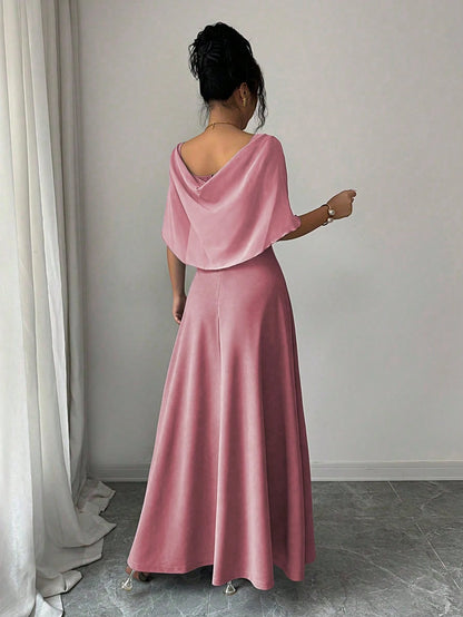 Modelyn Women's Square Neck Waist Gathered A-Line Long Dress, Elegant Romantic Everyday Wear