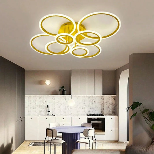 Modern Interlocking Ring LED Ceiling Light, 8 Rings Optional, 3 Color Dimmable, Gold Black White, Flush Mount Lamp For Living Room Bedroom Indoor Home Decor