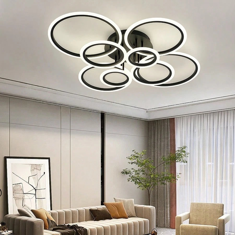 Modern Interlocking Ring LED Ceiling Light, 8 Rings Optional, 3 Color Dimmable, Gold Black White, Flush Mount Lamp For Living Room Bedroom Indoor Home Decor