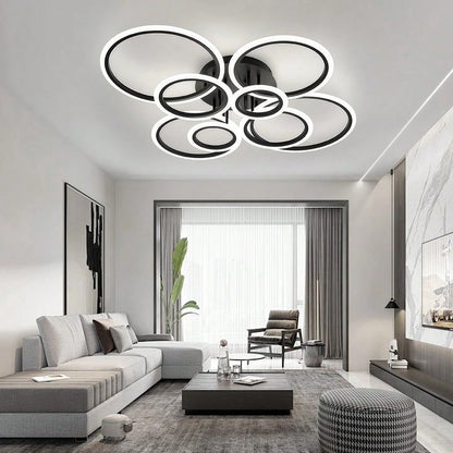 Modern Interlocking Ring LED Ceiling Light, 8 Rings Optional, 3 Color Dimmable, Gold Black White, Flush Mount Lamp For Living Room Bedroom Indoor Home Decor