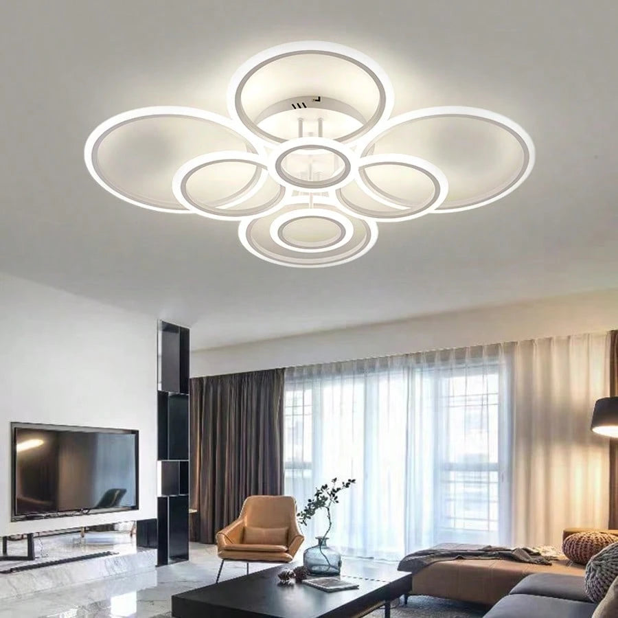 Modern Interlocking Ring LED Ceiling Light, 8 Rings Optional, 3 Color Dimmable, Gold Black White, Flush Mount Lamp For Living Room Bedroom Indoor Home Decor