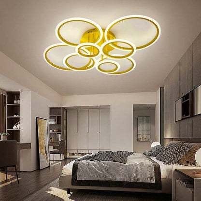 Modern Interlocking Ring LED Ceiling Light, 8 Rings Optional, 3 Color Dimmable, Gold Black White, Flush Mount Lamp For Living Room Bedroom Indoor Home Decor
