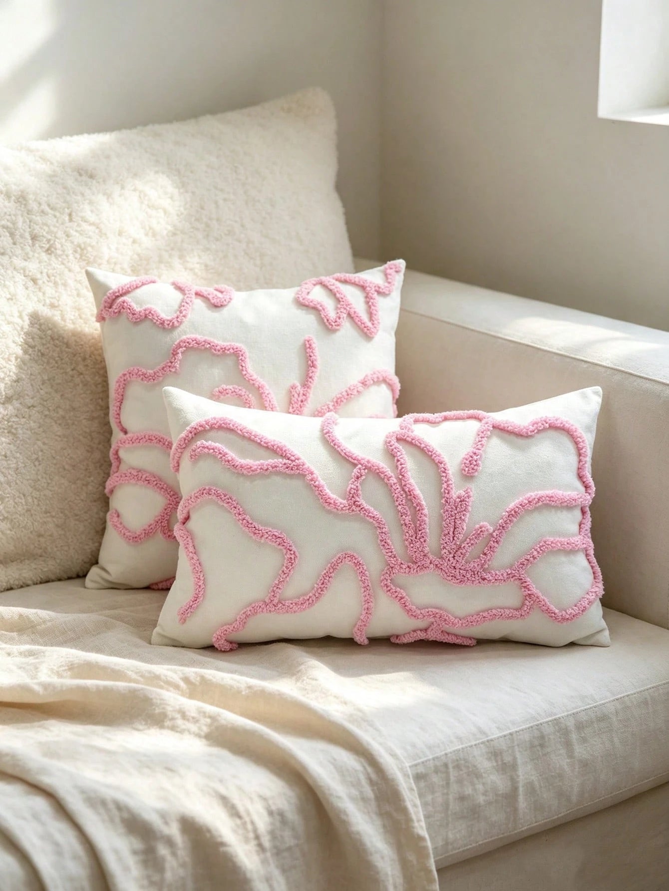 Modern Natural Style Tufted Pillow Cover 18*18 Inches, Abstract Plant Vine 3D Textured Cushion Cover, White Off-White Minimalist Decorative Pillow Cover, Suitable For Sofa, Living Room, Bedroom, Wabi