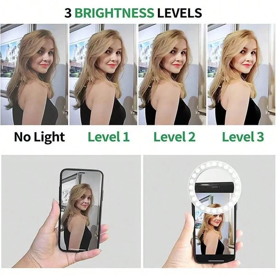 Modern Selfie Ring Light, 28 LED Fill Light, Phone Light, Christmas Light, Selfie Light, USB Rechargeable Dimmable Clip-On, Suitable For Smartphones, Makeup, Streamers- Button Control, Adjustable Bri