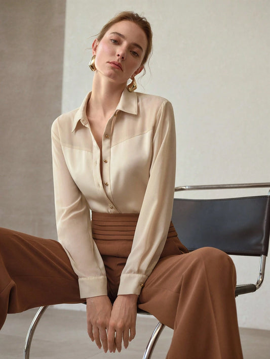 MOTF PREMIUM SATIN PATCHWORK ELEGANT MINIMALIST SHEER PANEL SHIRT, SPRING/SUMMER