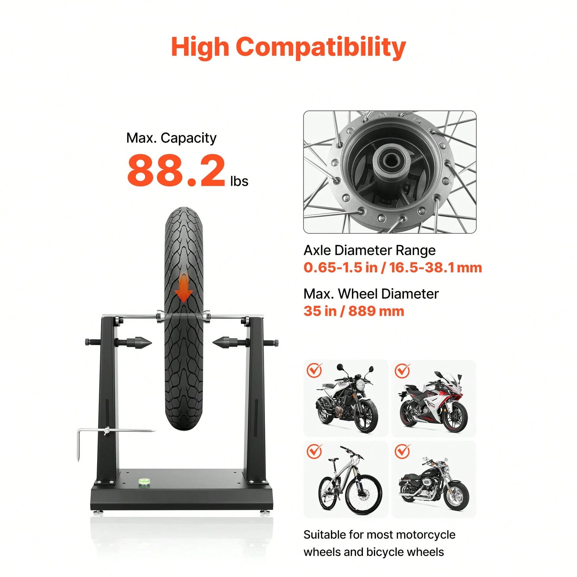 Motorcycle Wheel Balancer, 88.2 Lbs Capacity, Tire Balancer & Truing Stand With Adjustable Centering Cones And Truing Pointer, Balancing Tools For Most Motorcycles & Bicycles, 35-Inch Wheel Dia