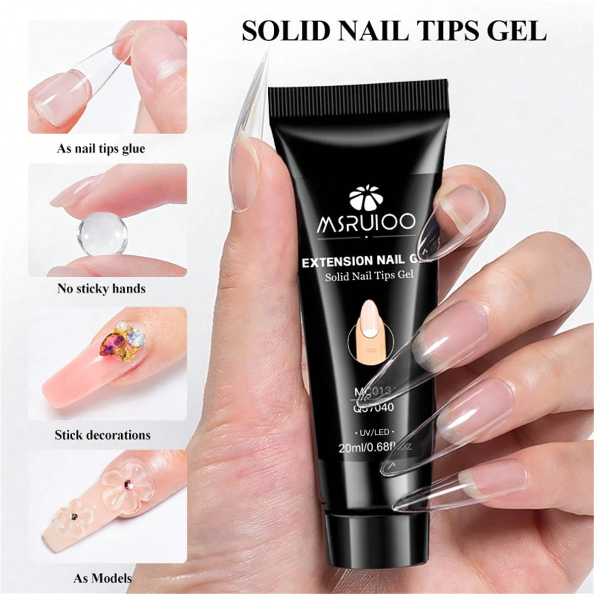 MSRUIOO 1/2/3pcs 20ml Solid Nail Gel- Long-Lasting Durable Solid Hard Gel, Non-Sticky, UV LED Curing, Suitable For Nail Salon And Home Use, Transparent Acrylic Solid Nail Glue, Applicable For Nail Ti