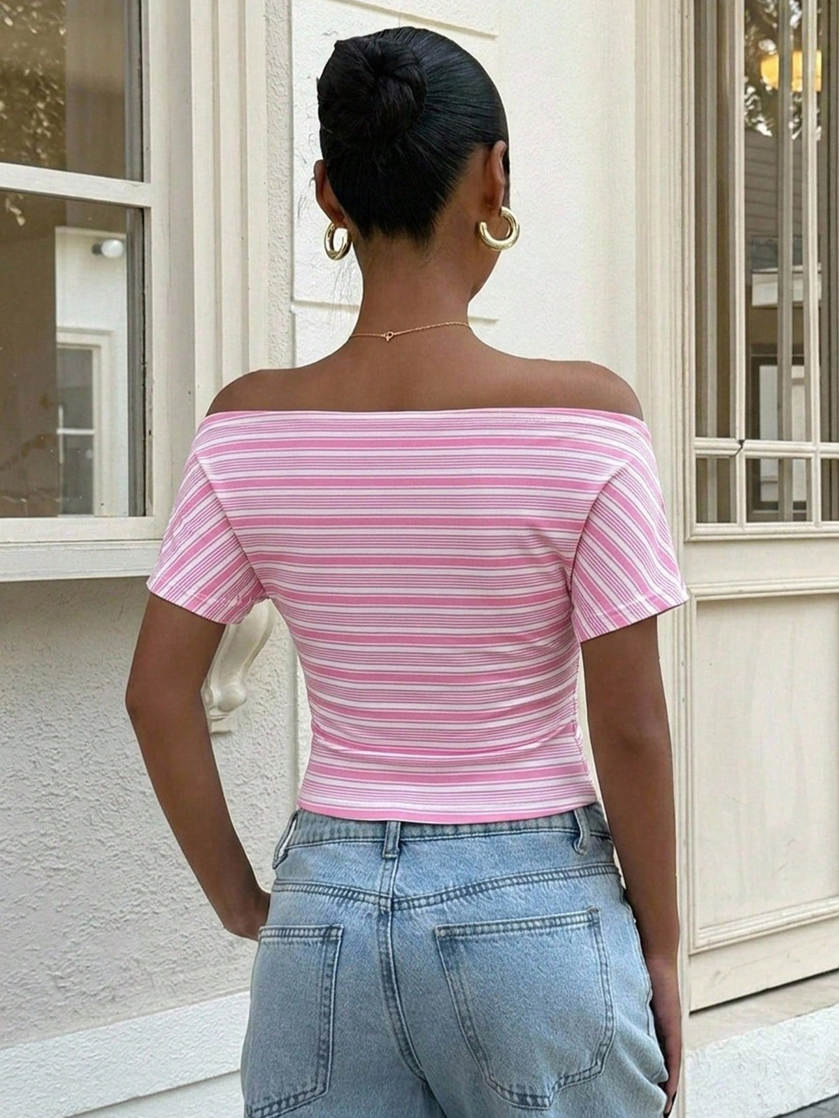 Muchica 95% Cotton Women's Casual Off-Shoulder Bodycon T-Shirt In Pink Stripes – Suitable For Outdoor & Home Wear, Perfect For Western Festivals, Spring & Summer Beach Vacations, Spring Break, Boho Tr