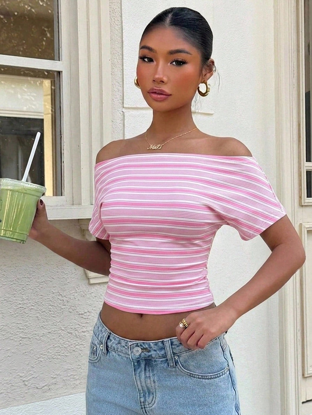 Muchica 95% Cotton Women's Casual Off-Shoulder Bodycon T-Shirt In Pink Stripes – Suitable For Outdoor & Home Wear, Perfect For Western Festivals, Spring & Summer Beach Vacations, Spring Break, Boho Tr