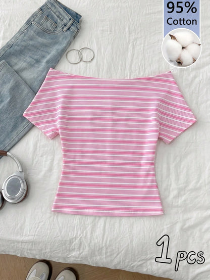 Muchica 95% Cotton Women's Casual Off-Shoulder Bodycon T-Shirt In Pink Stripes – Suitable For Outdoor & Home Wear, Perfect For Western Festivals, Spring & Summer Beach Vacations, Spring Break, Boho Tr