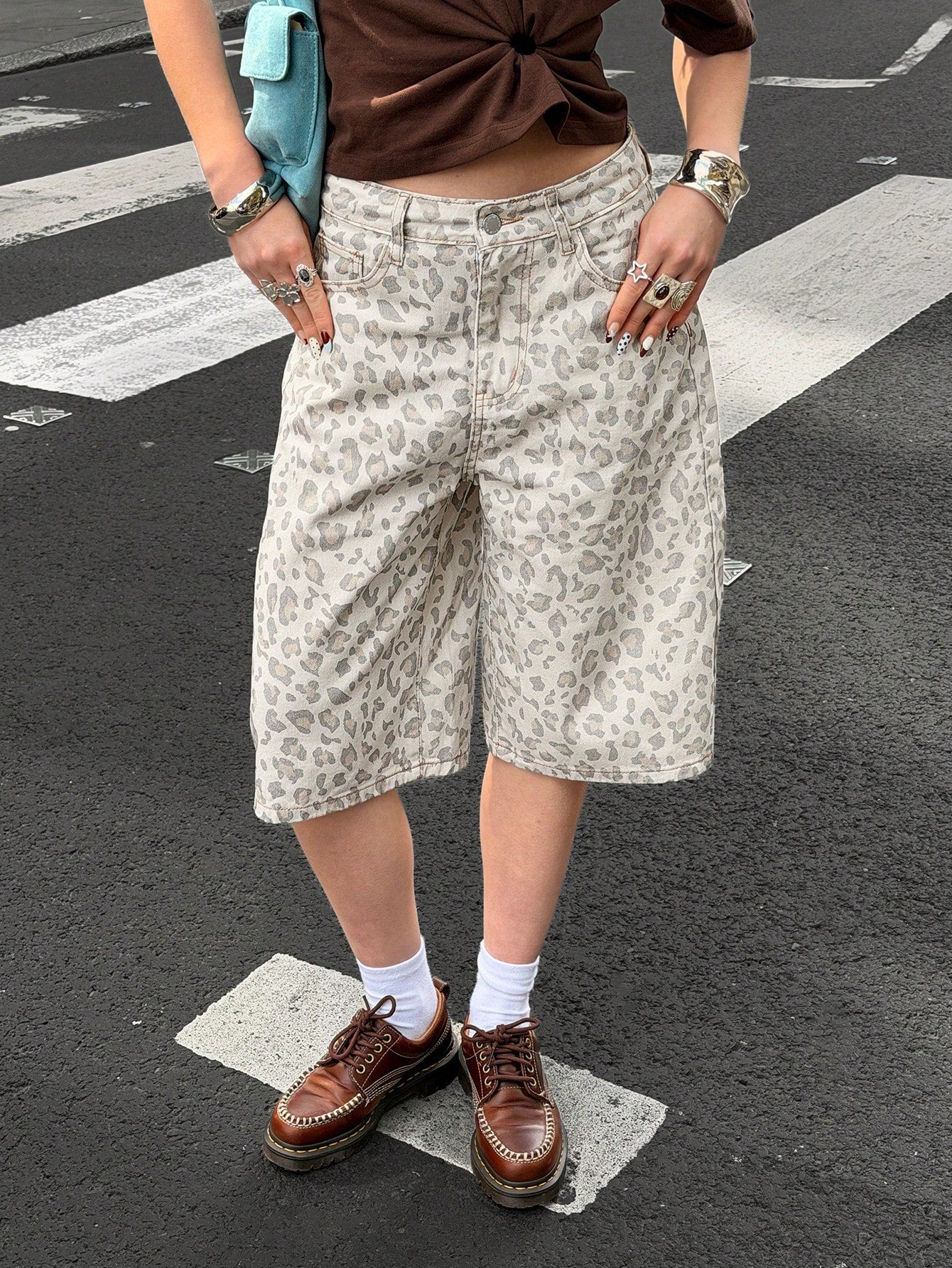 Muchica Cowboy 90s Ripped For Women Summer Country Concert Daily Leopard Print Shorts White