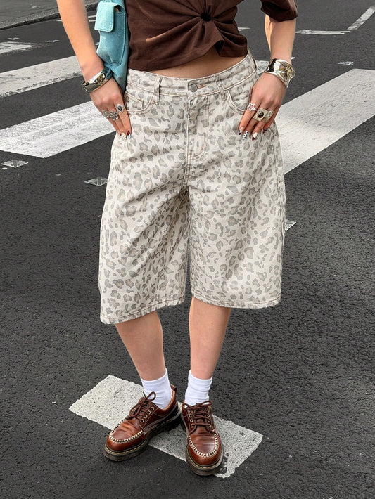 Muchica Cowboy 90s Ripped For Women Summer Country Concert Daily Leopard Print Shorts White