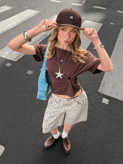 Muchica Cowboy 90s Ripped For Women Summer Country Concert Daily Leopard Print Shorts White