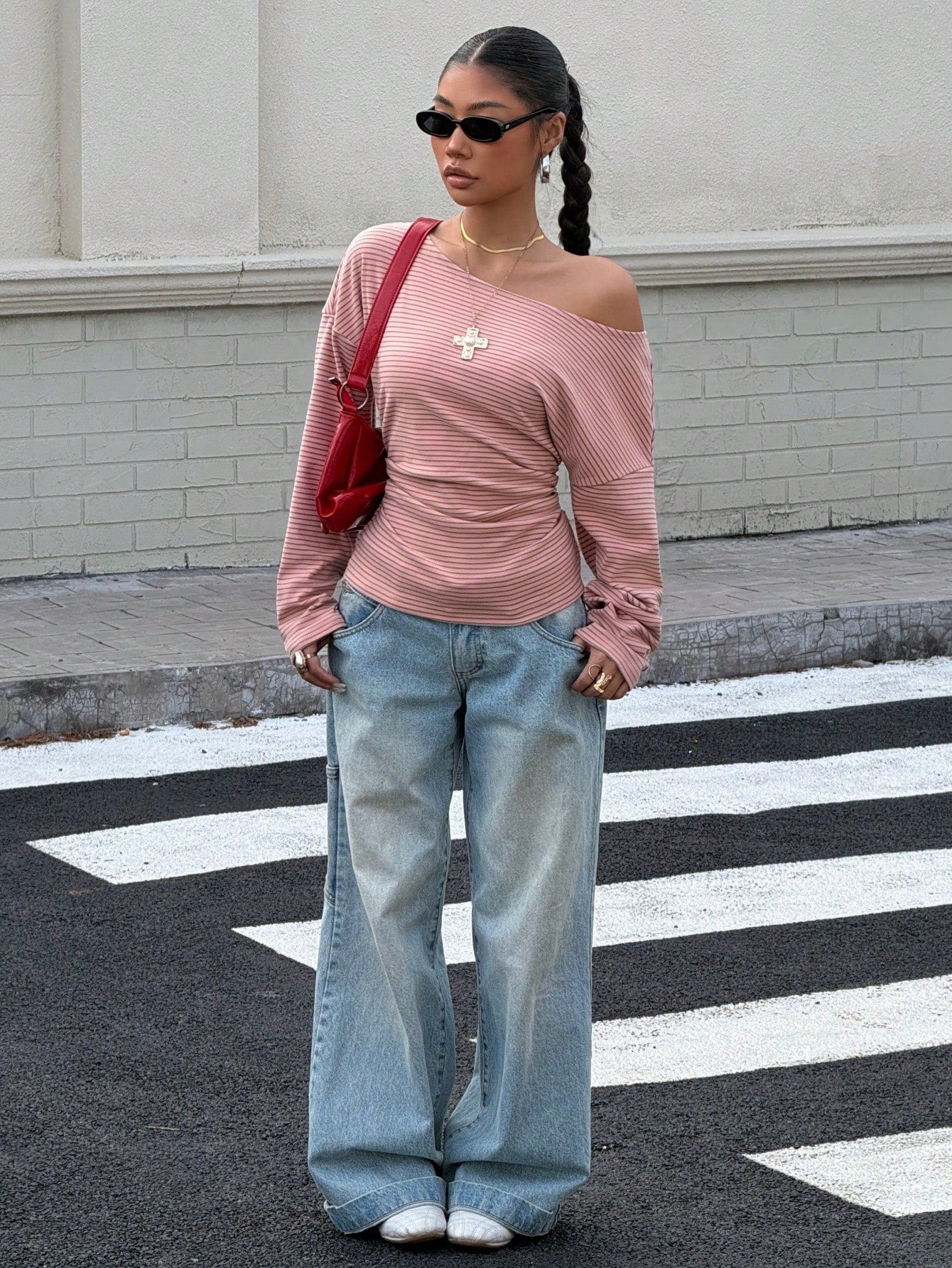 Muchica Plus Size Dusty Pink Print Asymmetric Collar Fashion Long Sleeve T-Shirt Office Summer Casual Formal