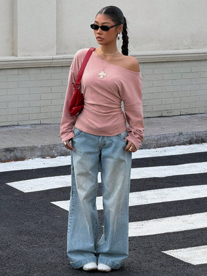 Muchica Plus Size Dusty Pink Print Asymmetric Collar Fashion Long Sleeve T-Shirt Office Summer Casual Formal
