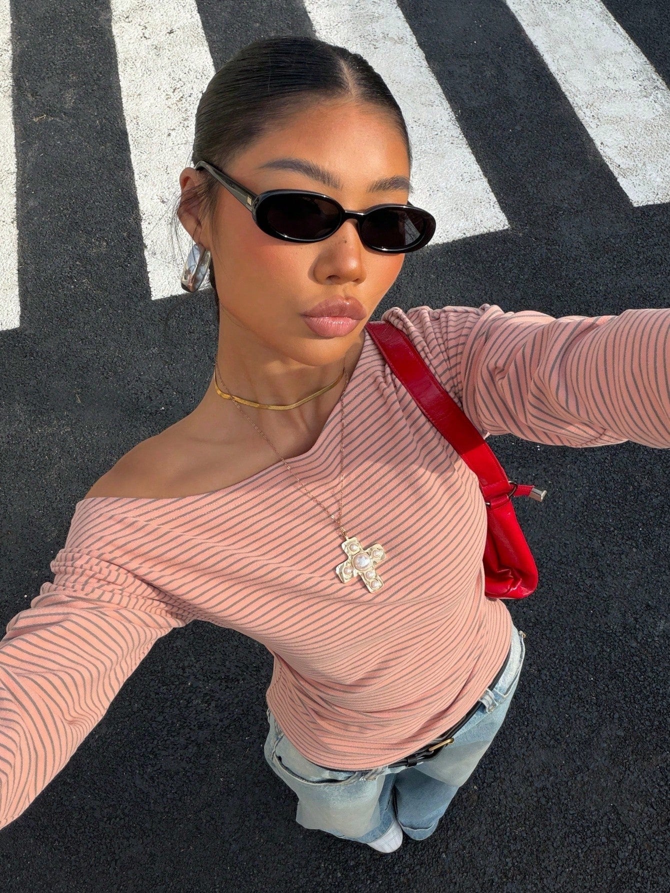 Muchica Plus Size Dusty Pink Print Asymmetric Collar Fashion Long Sleeve T-Shirt Office Summer Casual Formal