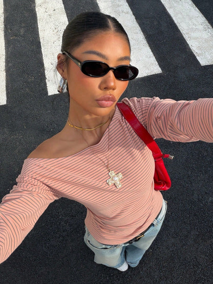 Muchica Plus Size Dusty Pink Print Asymmetric Collar Fashion Long Sleeve T-Shirt Office Summer Casual Formal