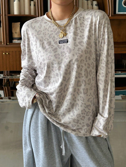 Muchica Plus Size Women's Leopard Print Crew Neck Drop Shoulder Long Sleeve Loose Casual T-Shirt Fall