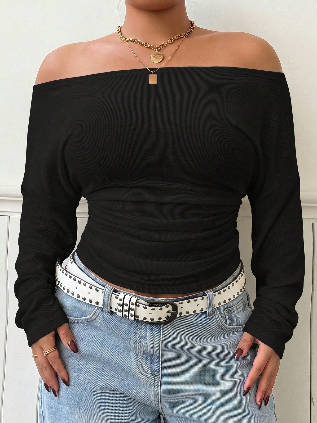 Muchica Plus Size Women's Solid Color Off-Shoulder Ruched Fitted Casual Formal Sexy Smart T-Shirt Office Brunch Dinner Vacation Rave Date Night Black Autumn