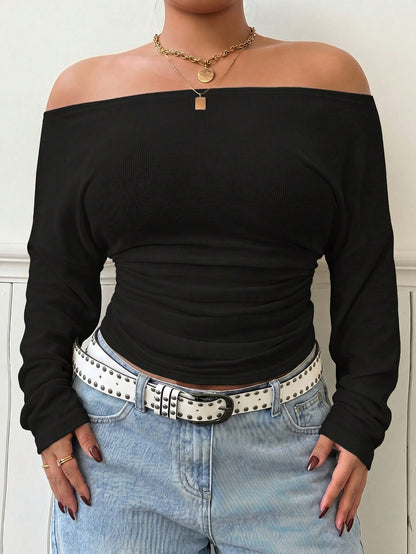 Muchica Plus Size Women's Solid Color Off-Shoulder Ruched Fitted Casual Formal Sexy Smart T-Shirt Office Brunch Dinner Vacation Rave Date Night Black Autumn