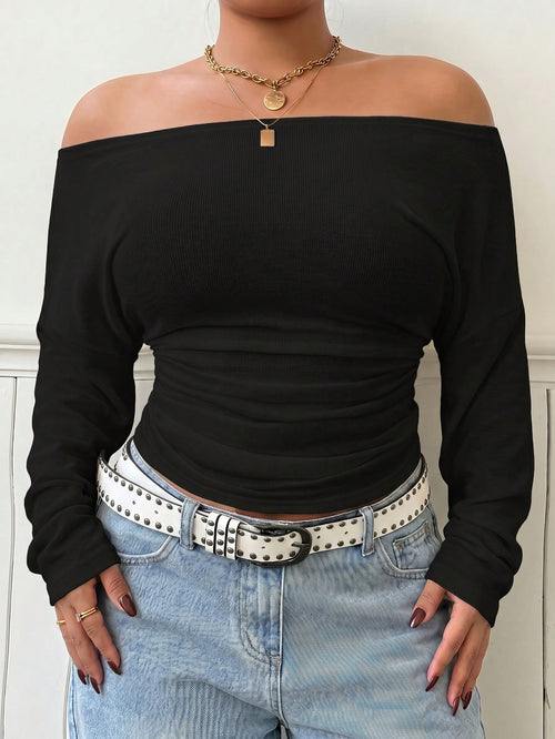 Muchica Plus Size Women's Solid Color Off-Shoulder Ruched Fitted Casual Formal Sexy Smart T-Shirt Office Brunch Dinner Vacation Rave Date Night Black Autumn