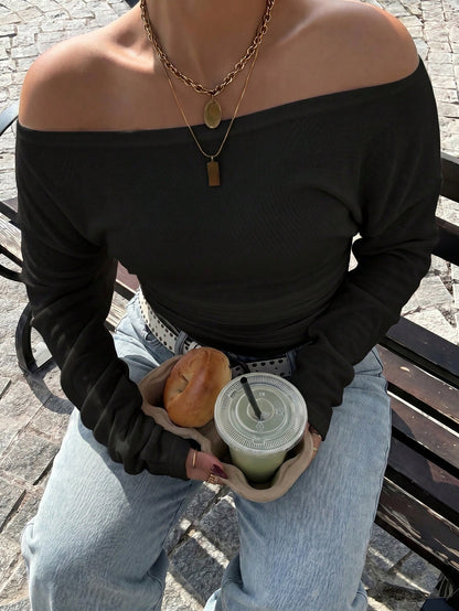 Muchica Plus Size Women's Solid Color Off-Shoulder Ruched Fitted Casual Formal Sexy Smart T-Shirt Office Brunch Dinner Vacation Rave Date Night Black Autumn