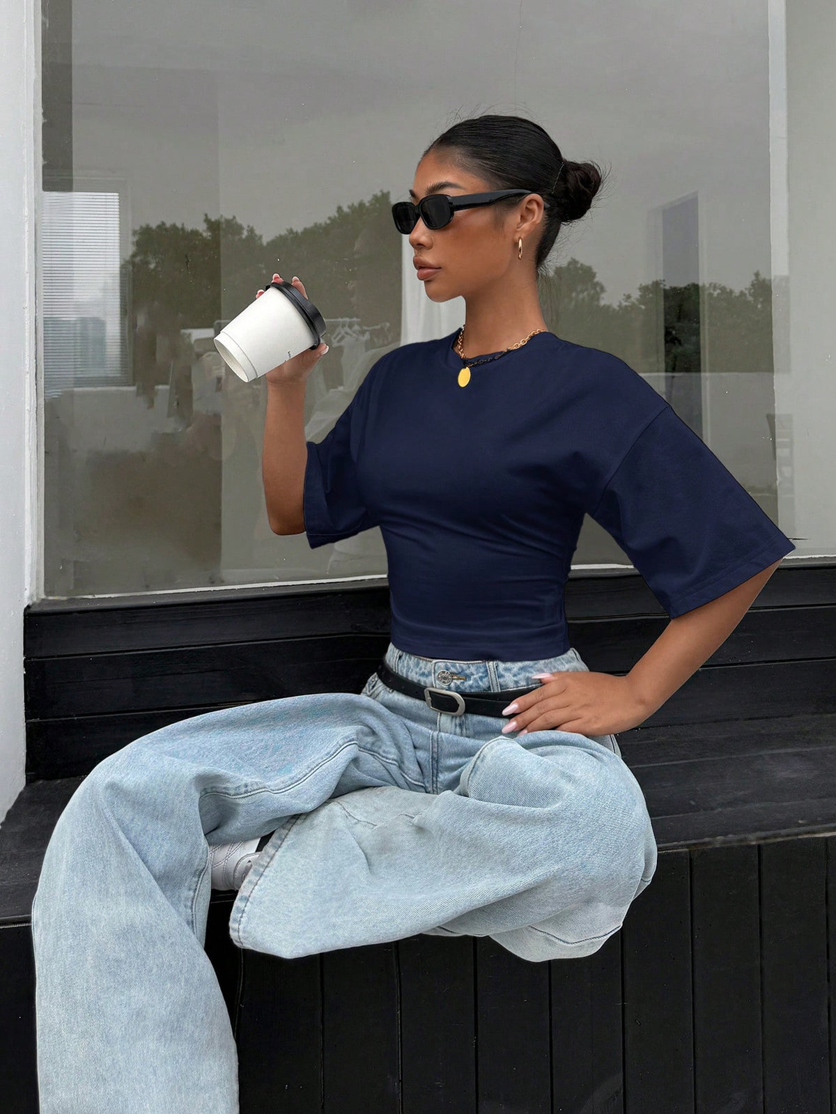 Muchica Women's All-Match Fashionable Versatile Batwing Sleeve T-Shirt,Summer Top Day Time Navy Blue Casual