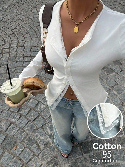 Muchica Women's Casual White Knitted Long Sleeve Cardigan Collar Button Front T-Shirt