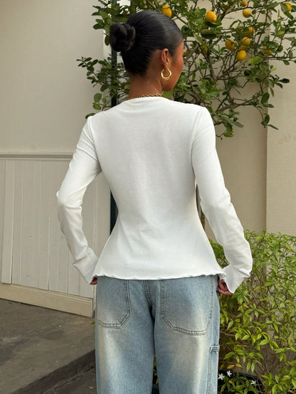 Muchica Women's Casual White Knitted Long Sleeve Cardigan Collar Button Front T-Shirt