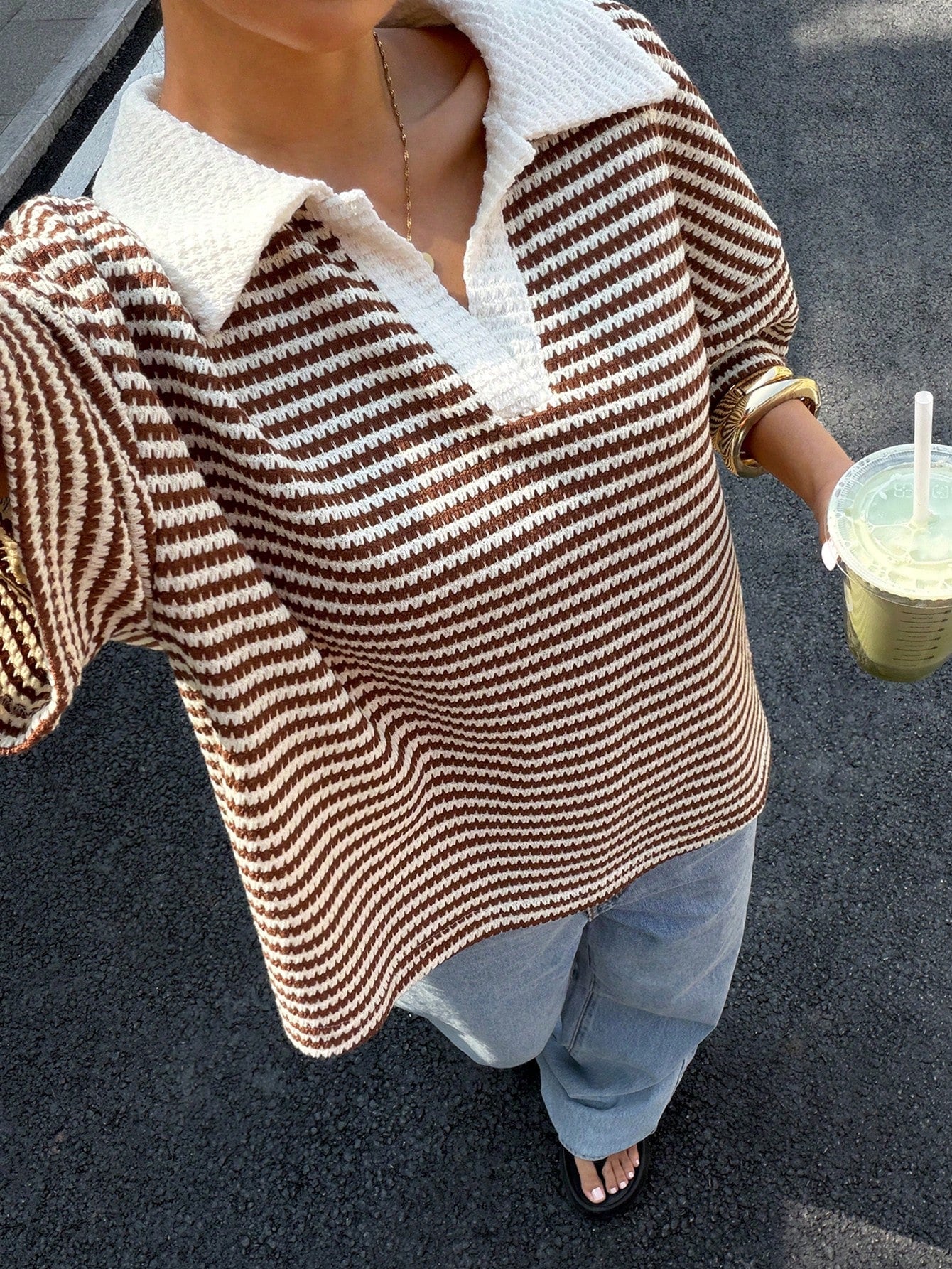 Muchica Women's Loose Brown Stripe Polo Collar T-Shirt,Casual Summer Everyday V-Neck Color-Blocked Drop-Shoulder Short-Sleeved Top,Spring Holiday Clothing